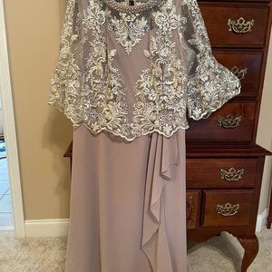 Le Bos Mother of the Bride or Groom  Taupe Crepe Gown with Lace Overlay - 18W
